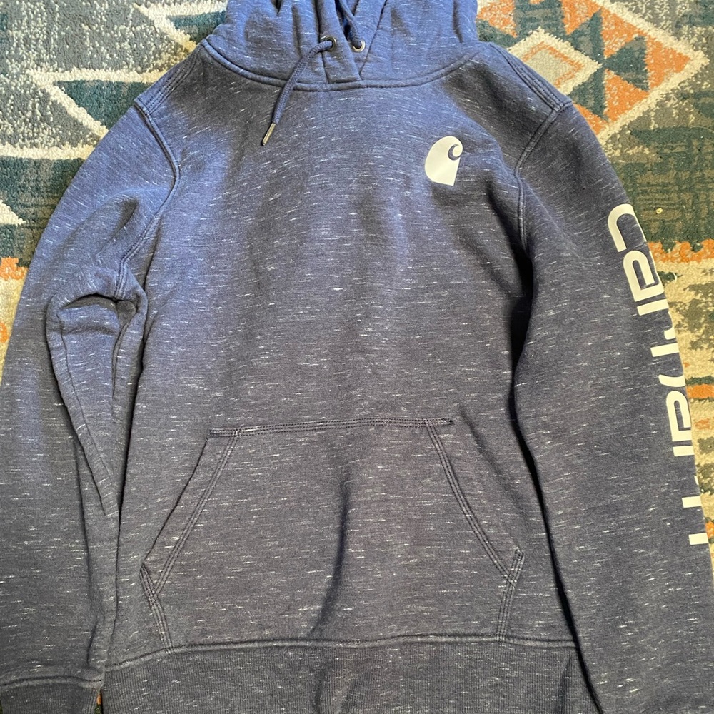 Carhartt Navy Blue Hooded Sweatshirt with White Logo